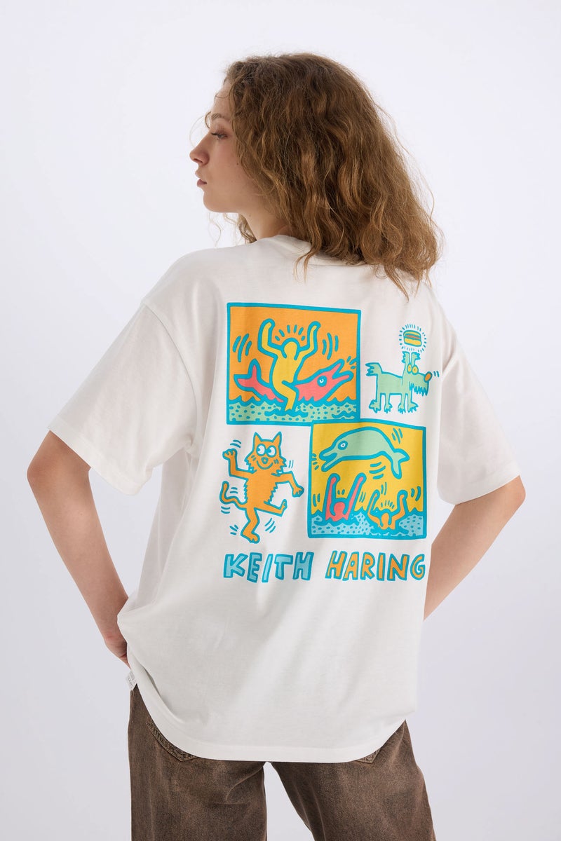 DeFacto White Woman Keith Haring Oversize Crew Neck Back Printed T-Shirt Casual - Image 1